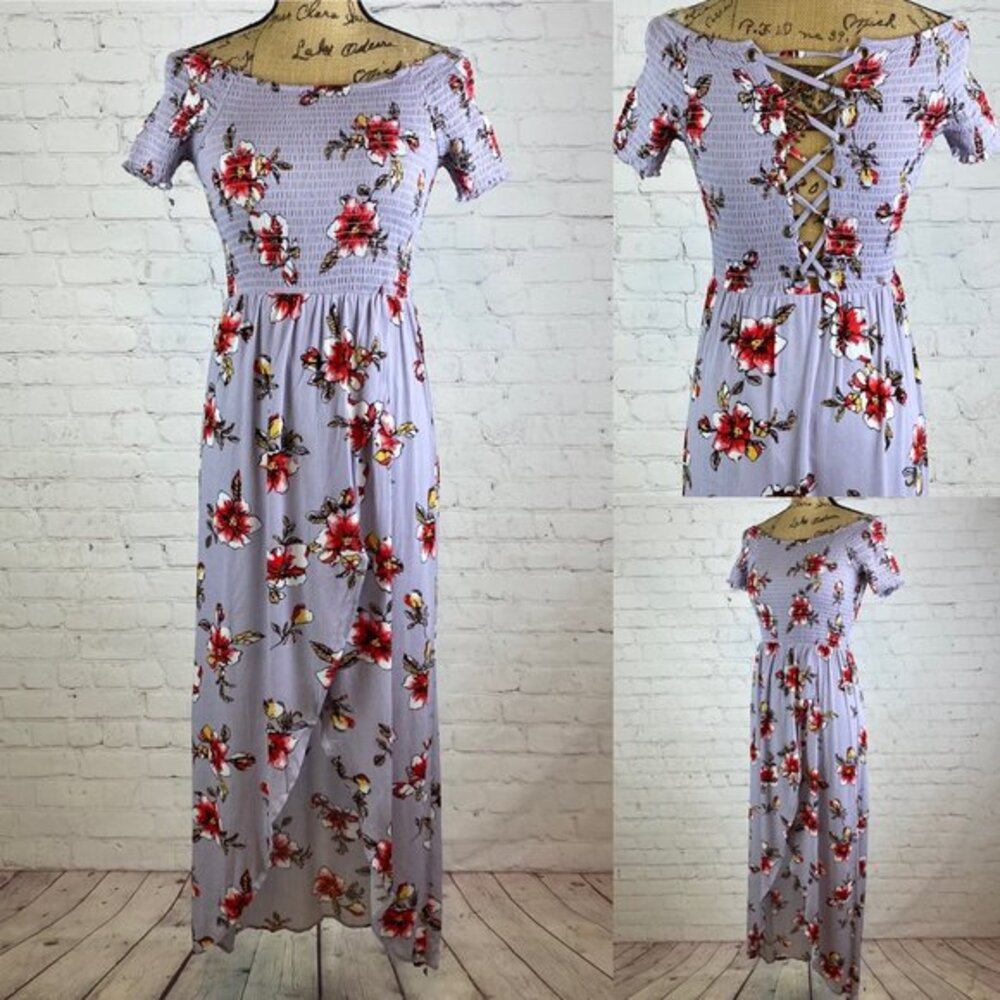 Miami Lilac Floral Print Elastic Bodice Lattice Back High Lo Maxi